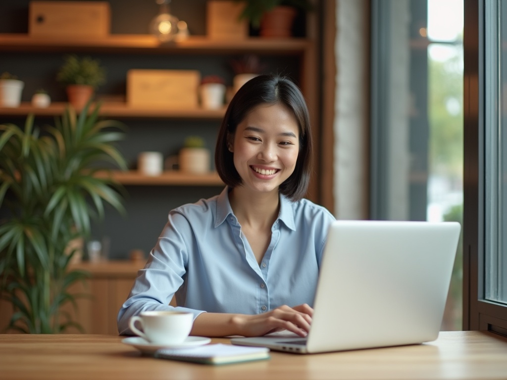Nữ chủ doanh nghiệp mỉm cười khi xem trên laptop những tin nhắn gửi đến từ trang web của mình